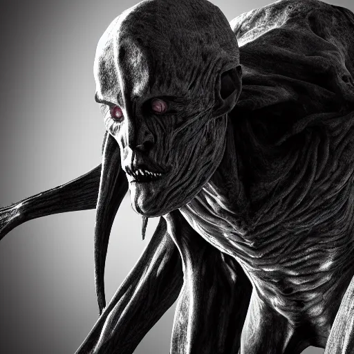 Image similar to standing photorealistic detailed tall skinny humanoid creature, extremly detailed, black and white, 8 k, realistic, sharp focus, cosmic horror creature, cosmic horror