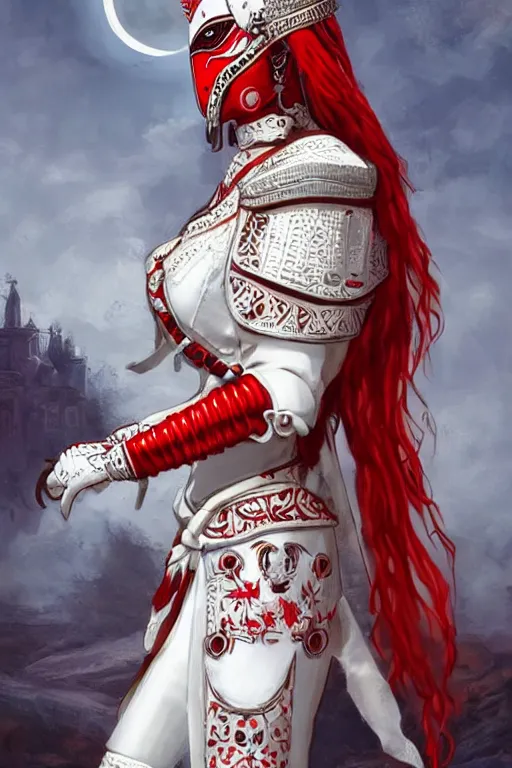 Image similar to female adventurer in tight full - body white embroidered leather armor of vyshyvanka design with red accents and a red porcelain crow mask, trending in artstation, ukrainian, artstation, big moon in the background, establishing shot