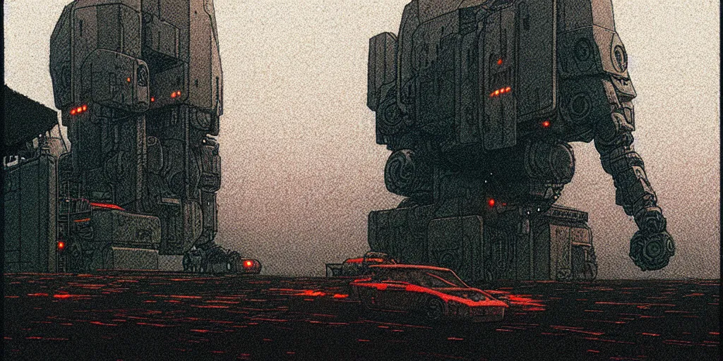 Prompt: grainy risograph matte painting of gigantic huge mech covered with wounds, black, pastel matte colors, staying in the foggy huge parking station, by moebius, hyperrealism, intricate detailed