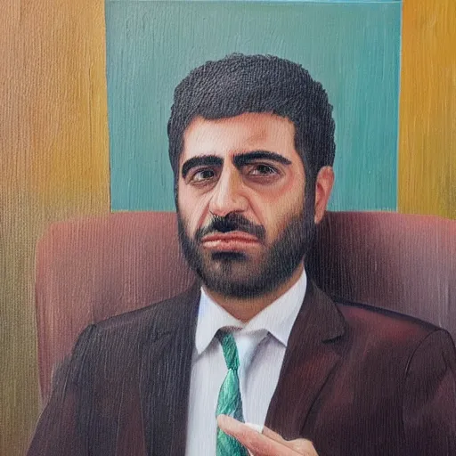 Image similar to Kurdish Lawyer, Oil on Canvas, award winning art, insanely detailed, hyperrealistic