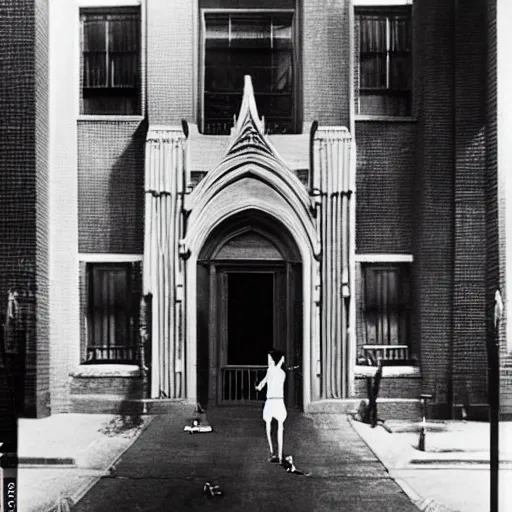 Prompt: detailed still of Ripley-Sigourney Weaver wearing a white singlet and cat Jonesy moving apartment New York City 1983, gothic building entrance way Art Deco, cinematic feel, high octane