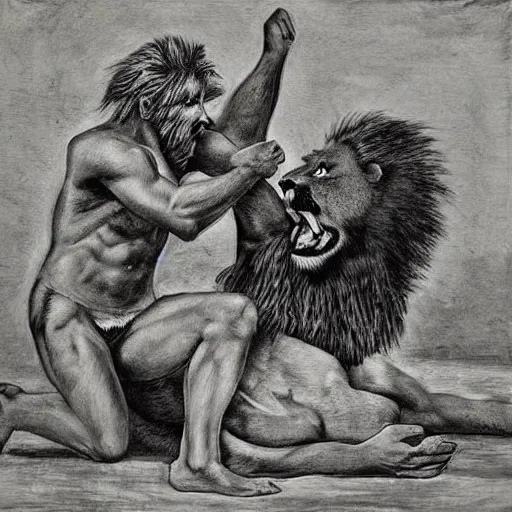 Image similar to man and lion wrestling Art