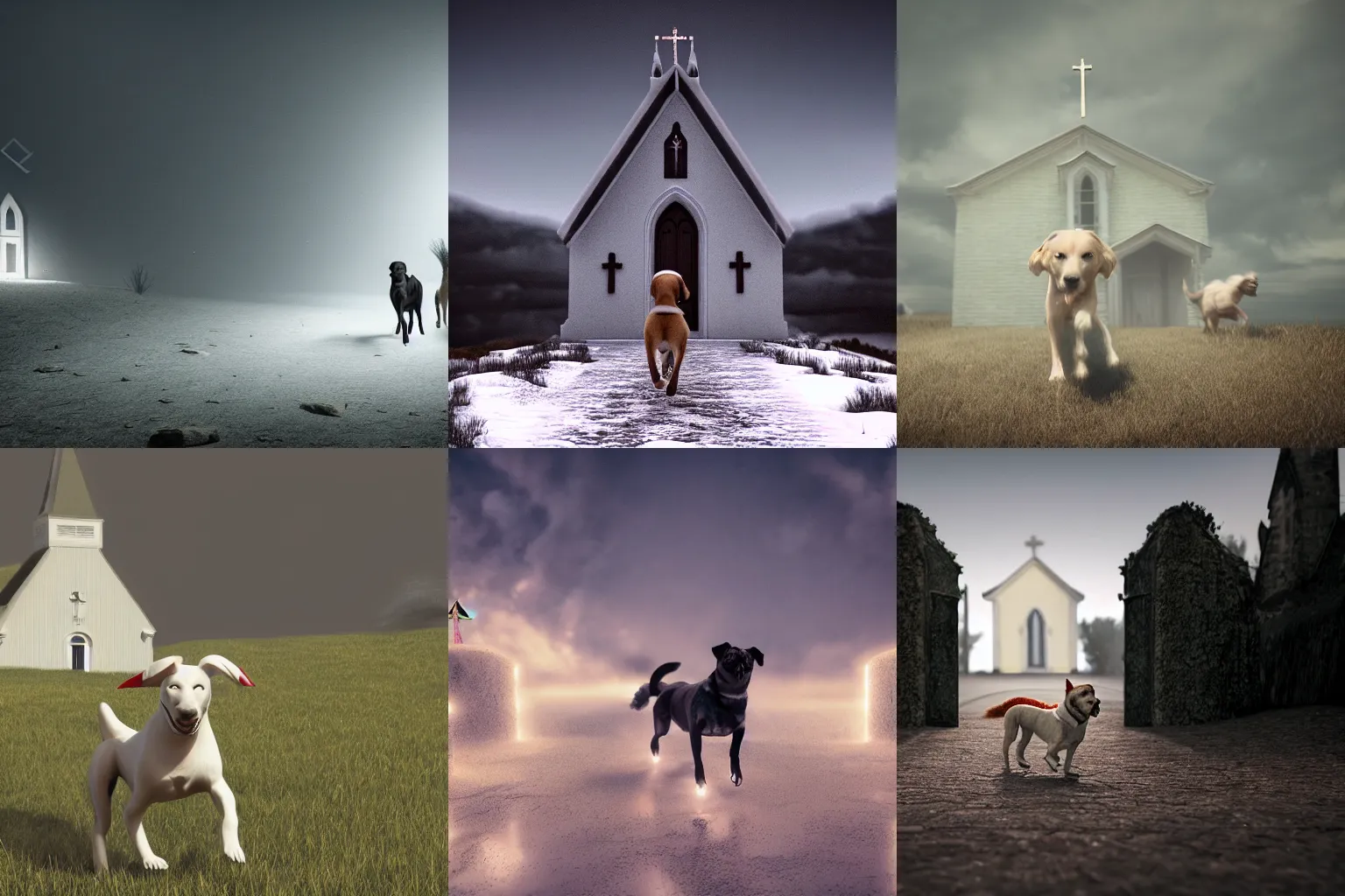 Prompt: four legged dog human homunculi running out a white church on top of a hill, hellish, evil, creepy, 8k resolution, octane render