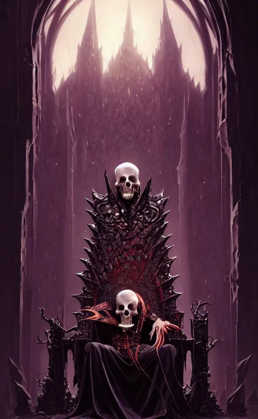 Prompt: desirable Vampire lord sitting on a skull throne, undead knights around her, fantasy, intricate, elegant, highly detailed, digital painting, artstation, concept art, matte, sharp focus, illustration, art by artgerm and Greg Rutkowski, dreadjim, zeen chin