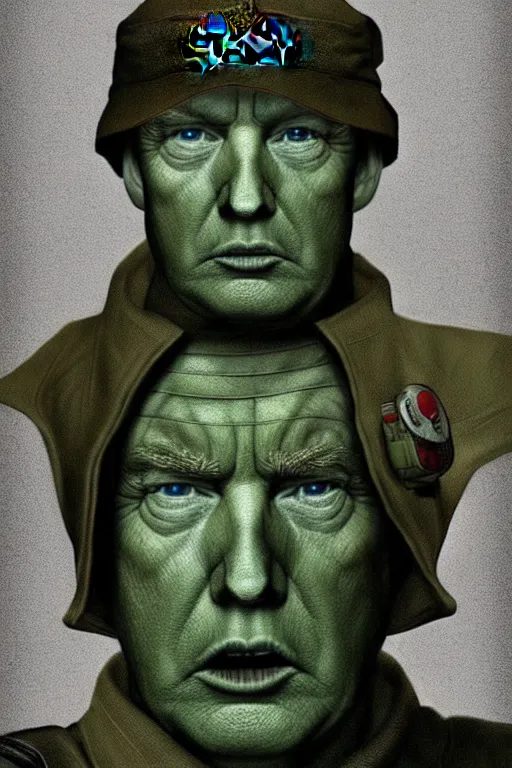 Image similar to Donald Trump as a Rebel Soldier from Star Wars, green camoflauge, realistic portrait, symmetrical, highly detailed, digital painting, artstation, concept art, smooth, sharp focus, cinematic lighting, art by Ralph McQuarry