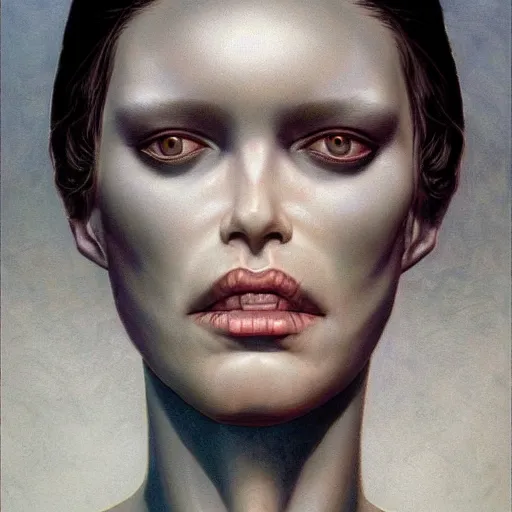 Image similar to a beautiful female face, by Wayne Barlowe and H R Giger and Bill Ellis, trending on artstation