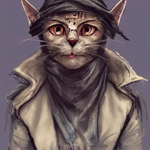 Image similar to dirty homeless humanoid cat wearing rags, concept art, d & d, fantasy, trending on artstation