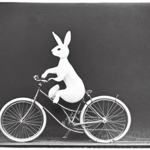 Image similar to a grainy, vintage black and white photograph of a rabbit riding a bicycle