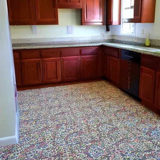 Image similar to a carpeted kitchen