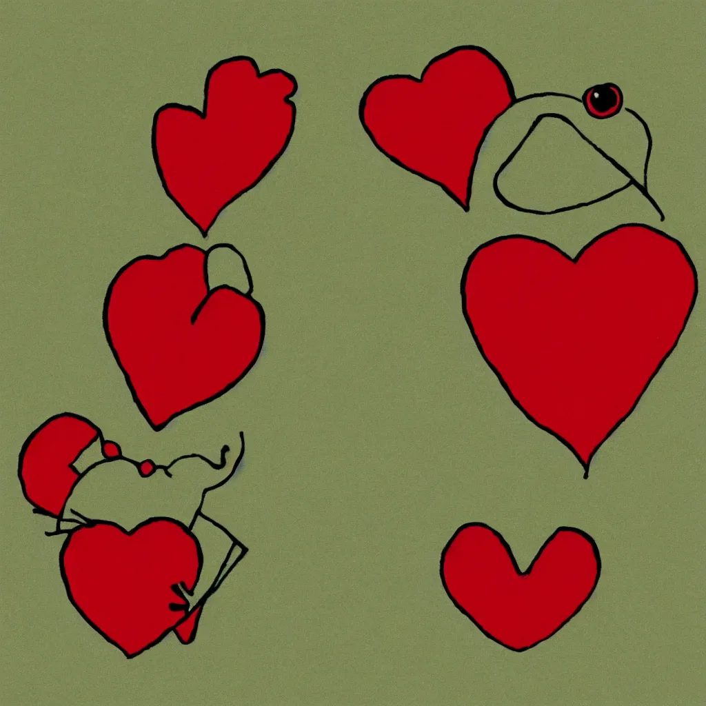 Prompt: a frog holding a big red heart, children’s cartoon, stylized