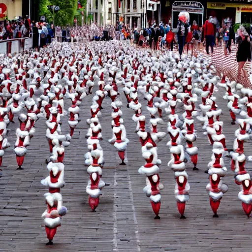 Image similar to the running of the screaming bob ross dolls in pamplona spain