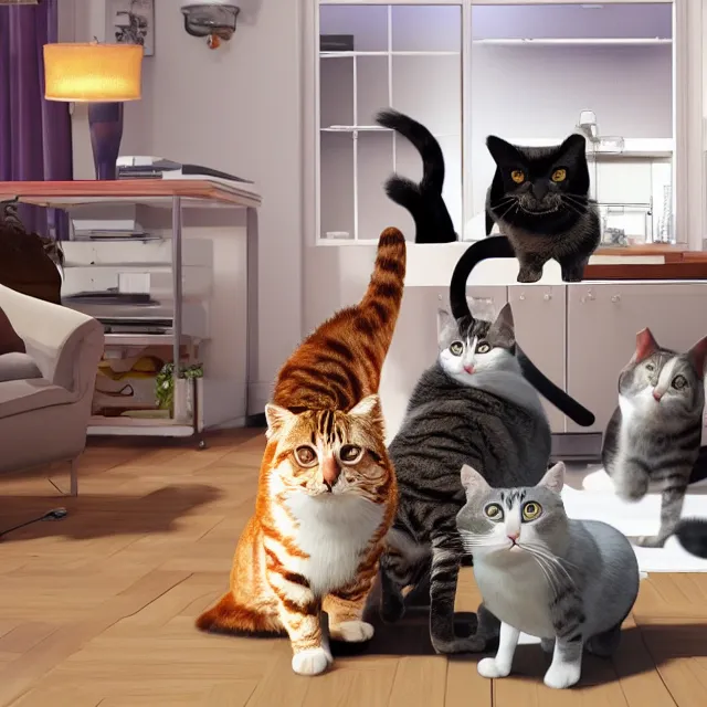 Prompt: american sitcom seinfeld but with cats, volumetric, realistic, cinematic lighting, ray tracing, unreal engine 5, unreal engine render, octane render, hyper realistic, photo, 8 k