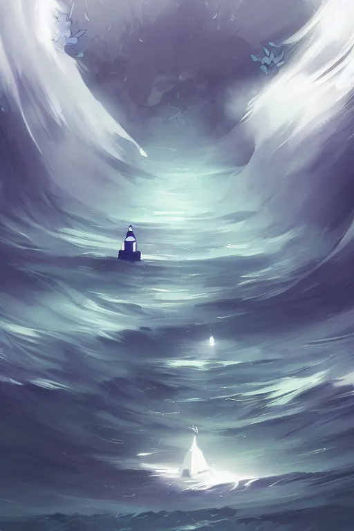 Prompt: indigo and white colors. Coast and lighthouse in style of cytus and deemo, mysterious vibes, set in half-life 2, beautiful with eerie vibes, very inspirational, very stylish, surrealistic, perfect digital art, mystical journey in strange world, bastion game