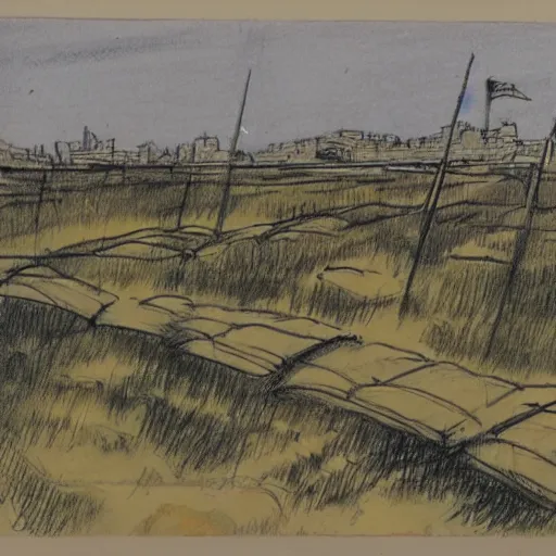 Image similar to milt kahl sketch of world war 1 trenches with the city of miami in the background