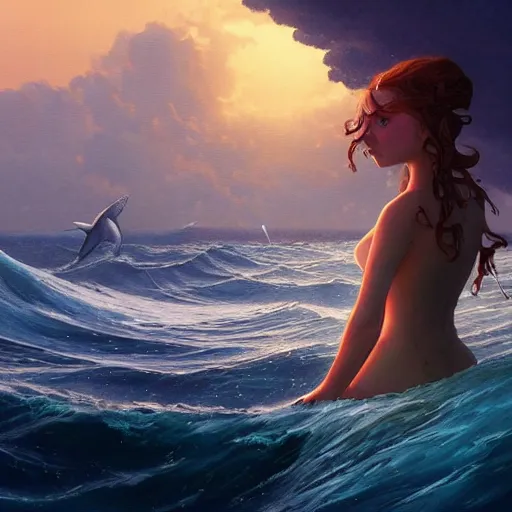 Image similar to close up of a beautiful girl on the horizon, looking at camera, model pose, slightly smiling, big wave, big whale fighting against sharks on the background, by peter mohrbacher and makoto shinkai and ferdinand knab