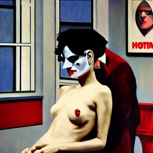 Prompt: edward hopper and mimmo rottela and banksy as joaquin phoenix skinny joker holding hand lady gaga harley queen, medium shot, ultra photorealistic, extreme realistic, intricate details, pop art style, concept art, confident, love, random object movement, 3 colours, warm color, 4 k, ultra smooth, sharp focus