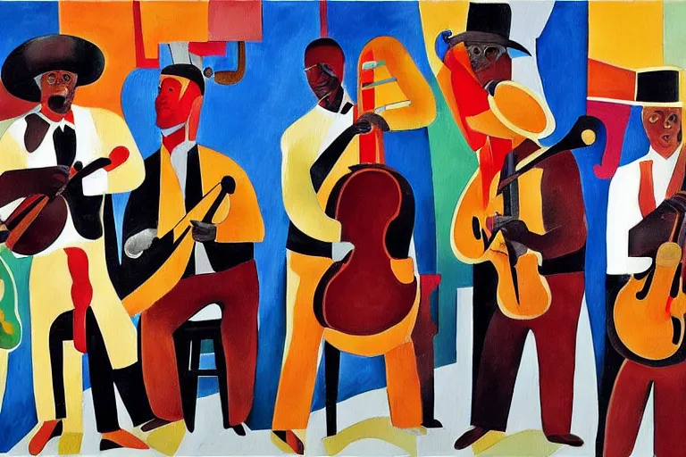 Image similar to a painting of a group of men playing instruments, a jazz band in new orleans, an ultrafine detailed painting by romare bearden, behance, black arts movement, artwork, fauvism, academic art