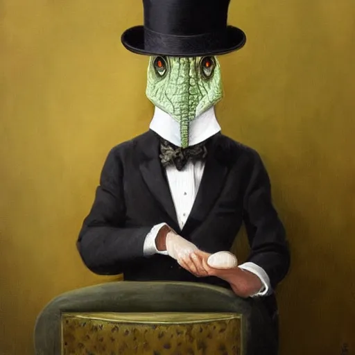 Image similar to “a crocodile wearing a top hat and monocle, dapper, highly detailed, oil on canvas”