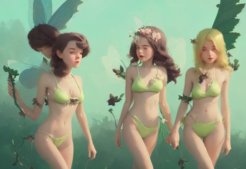 Image similar to portrait of two cute fairies in flower bikinis standing together with joe biden, fantasy, by atey ghailan, by greg rutkowski, by greg tocchini, by james gilleard, by joe gb fenton, dynamic lighting, gradient light green, brown, blonde cream, salad and white color in scheme, grunge aesthetic