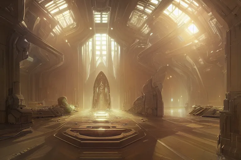 Image similar to a cybernetic room, scifi religious, symmetrical, center punched, Archviz, elegant, intricate, digital painting, artstation, concept art, smooth, sharp focus, illustration, art by artgerm and greg rutkowski and alphonse mucha