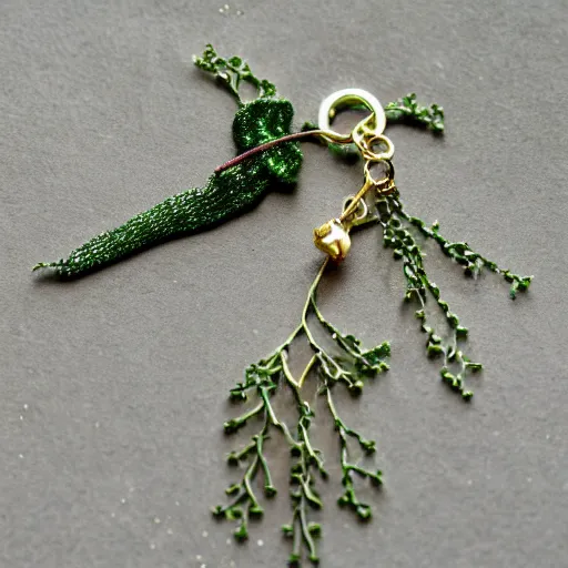 Image similar to a detailed product photograph of a tiny magical charm enchantment that bestows abundance and playfulness and that friday feeling, made with tiny delica beads and glitter thread and herbs, organic olive green tones, light leaks