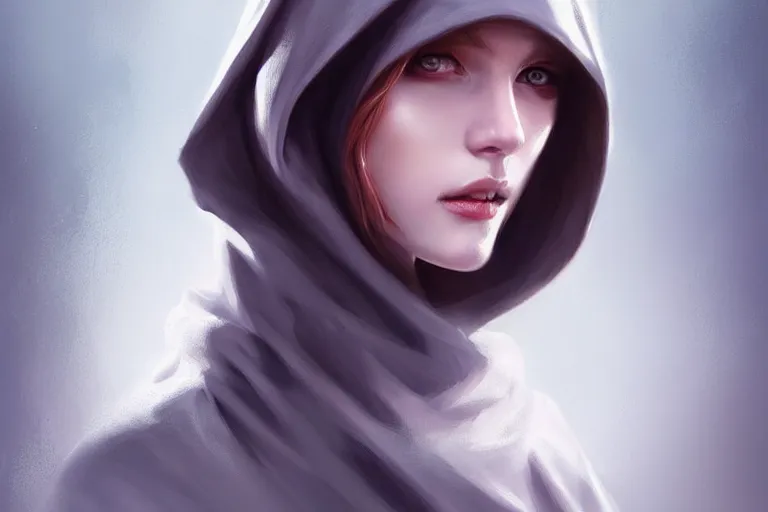 Image similar to « a painting of a woman with a hood on, a digital painting by charlie bowater, featured on cgsociety, fantasy art, behance hd, wiccan, artstation hd »