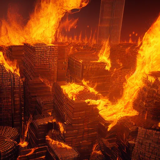 Image similar to a burning city money, crypto scenery 3D render, artstation, cinematic, Cinema 4D