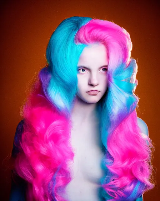 Image similar to a dramatic lighting photo of a beautiful young woman with cotton candy hair. with a little bit of cyan and pink