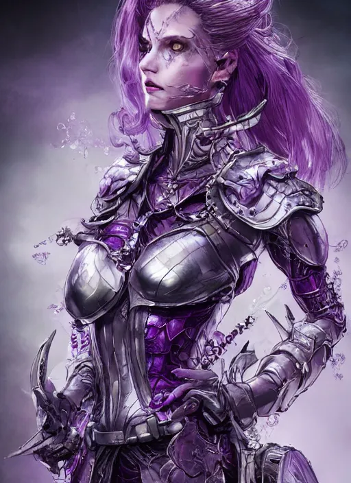 Image similar to close up portrait of a pale woman in amethyst bionic armor with purple hair, powerful, domineering, stoic, masterful, intense, ultrafine hyperdetailed illustration by kim jung gi, irakli nadar, intricate linework, sharp focus, octopath traveler, yoji shinkawa, highly rendered, detailed, concept art