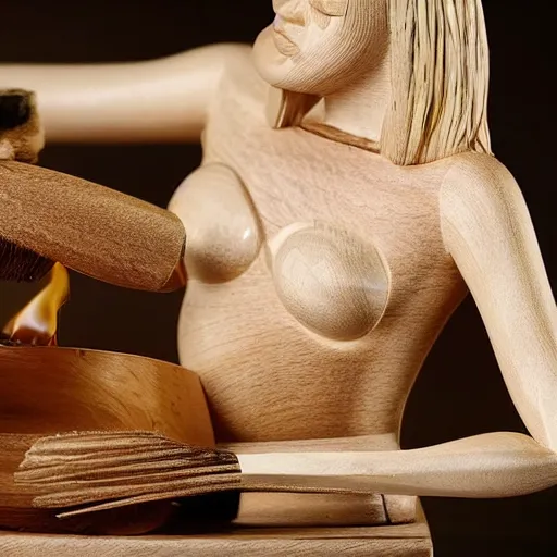Image similar to wooden sculpture of a blonde lady in a bikini cooking sardines, polished maple, thoughtful, elegant, real
