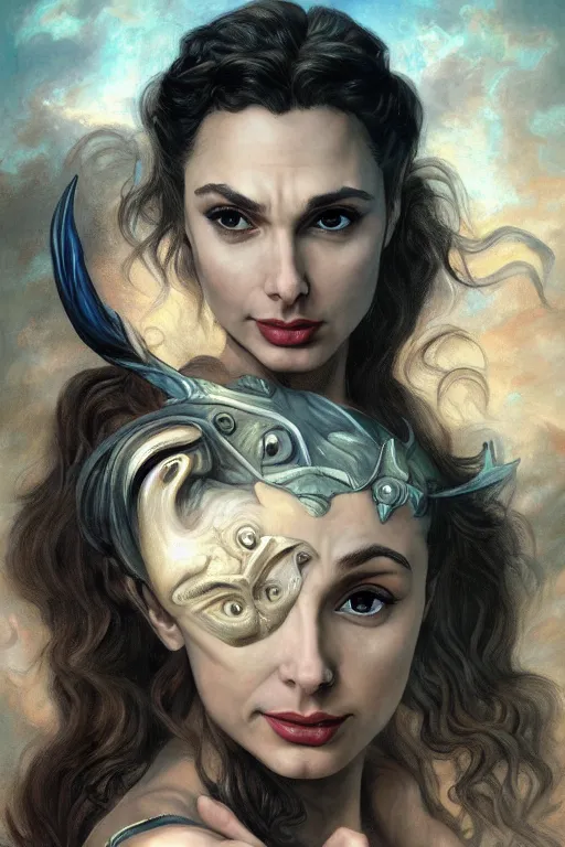 Image similar to A fantasy comic book style portrait painting of Gal Gadot, hybrid, Anya Audrey Hepburn, as an Atlantean Reptilian Warrior, François Boucher, Oil Painting, Mystical Valkyrie, unreal 5, DAZ, hyperrealistic, octane render, Regal, Refined, Detailed Digital Art, RPG portrait, William-Adolphe Bouguereau, Michael Cheval, Walt Disney (1937), Steampunk, dynamic lighting, Highly Detailed, Cinematic Lighting, Unreal Engine, 8k, HD