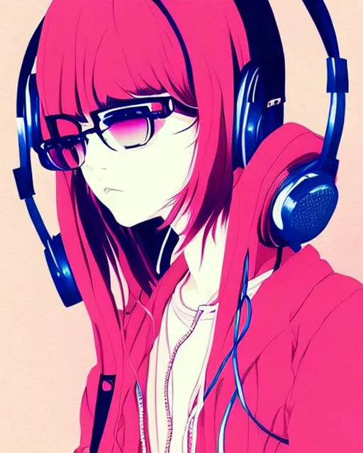 Prompt: girl wearing headphones, very anime!!! anime!! intricate details, high contrast colors, poster background, art by conrad roset and ilya kuvshinov