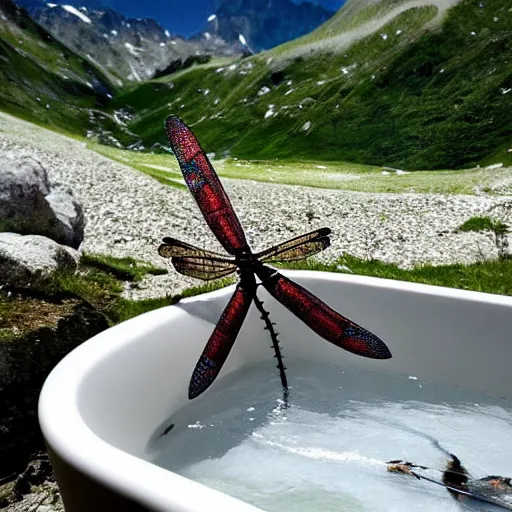 Image similar to dragonfly in a bathtub in the alps, goats!!!!!!!! in background