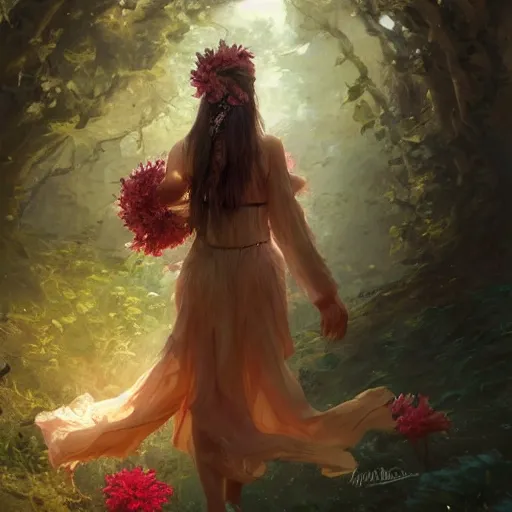 Prompt: expressive oil painting, of child princess in the distance, glowing skin, ornate headpiece made from flowers, walking into the forest with a tiger, by yoshitaka amano, by greg rutkowski, by boris vallejo, by artgerm, digital art, octane render