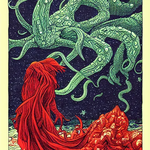 Image similar to Cthulhu, starry sky, Cthulhu Mythos, High detail, Ukiyoe, Comics, JamesJean, Caspar Friedrich, Zdzislaw Beksinsk