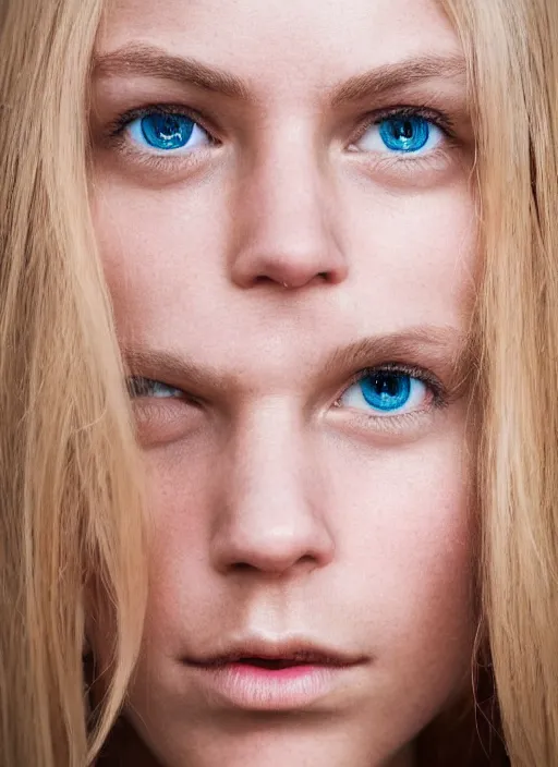 Image similar to face portrait of a nordic girl, big green eyes, light golden blonde hair, greek nose, low and wide forehead, glowing skin, face expression of contempt, ultra hd, hyper - realistic photograph, 8 k