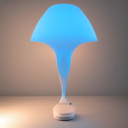 Image similar to a large blue florescent light lamp, inspired by a woman body, placed in a living room, home design magazine HD photo super realistic 3d 8k resolution