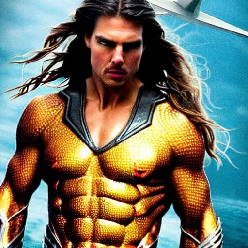 Prompt: tom cruise with long hair as aquaman - n 2