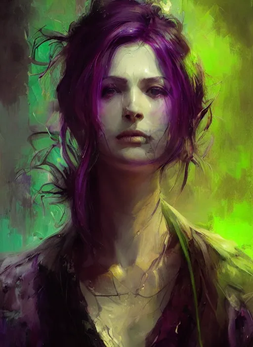 Image similar to purple and green colors, beautiful painting by jeremy mann, a female witch absurdly beautiful, elegant, ultrafine hyperrealistic detailed face illustration by wlop and artgerm and greg rutkowski, intricate linework, sharp focus, smooth, octopath traveler, final fantasy, unreal engine, dramatic lighting, ethereal, 8 k