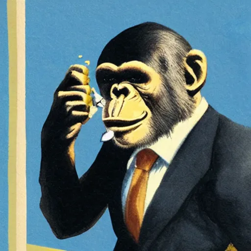 Image similar to a gentleman chimp who is smoking a cigar while presenting the weather report