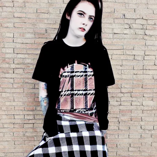 Prompt: female model teenage punk rock photography plaid skirt band shirt