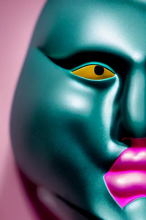 Image similar to hyperrealistic very detailed profile of rococo female face with pink eyes and mechanical mouth tjalf sparnaay very soft dark teal lighting wide angle 35mm shallow depth of field 8k