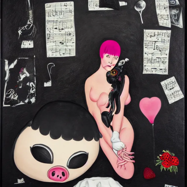 Image similar to a portrait in a female artist's bedroom, black walls, emo girl riding an inflatable pig, sheet music, berries, surgical supplies, pancakes, black flowers, sensual, octopus, neo - expressionism, surrealism, acrylic and spray paint and oilstick on canvas