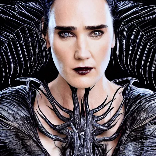 Prompt: jennifer connelly as alien odile the black swan, gray skin, wearing black hooded cloak, huge wings, black feathers instead of hair, black feathers growing out of skin, bumpy skin, screaming, losing control, black feathers growing out of face, black hands with black claws, comic book, giger, mike mignogna, david mack, trending on artstation