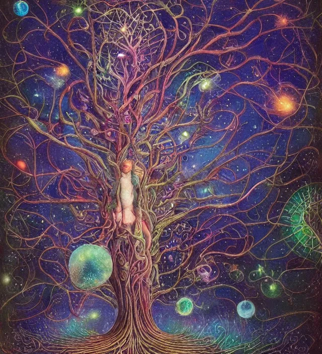 Image similar to the cosmic tree of life absorbs all galactical and masonic energy fields by daniel merriam, deep and rich colours,