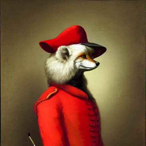 Prompt: An anthropomorphic red fox dressed as a British red coat soldier in the style of Rembrandt - n 6