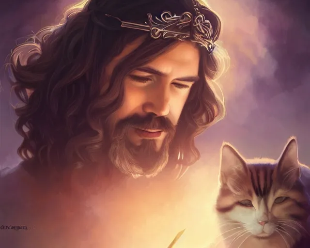 Image similar to photography of jesus christ with uwu smile and cute cat ears, deep focus, d & d, fantasy, intricate, elegant, highly detailed, simple background, digital painting, artstation, concept art, matte, sharp focus, illustration, hearthstone, art by artgerm and greg rutkowski and alphonse mucha