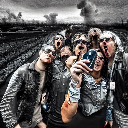 Prompt: selfies people with melting faces took at a nuclear apocalypse, photorealist, 4 k