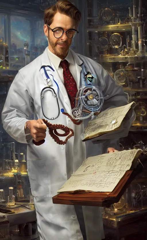 Prompt: an octopus wearing a lab coat lab coat and holding a clipboard clipboard, octopus wearing a doctor's outfit, octopus resembles a scientist, masterpiece digital painting by Thomas Kinkade and Greg Rutkowski, artstation, 4k wallpaper