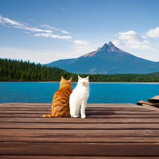 Image similar to two cats staring off into the distance on a wooden dock, in the background is a beautiful view of a crystal clear lake and a mountain range